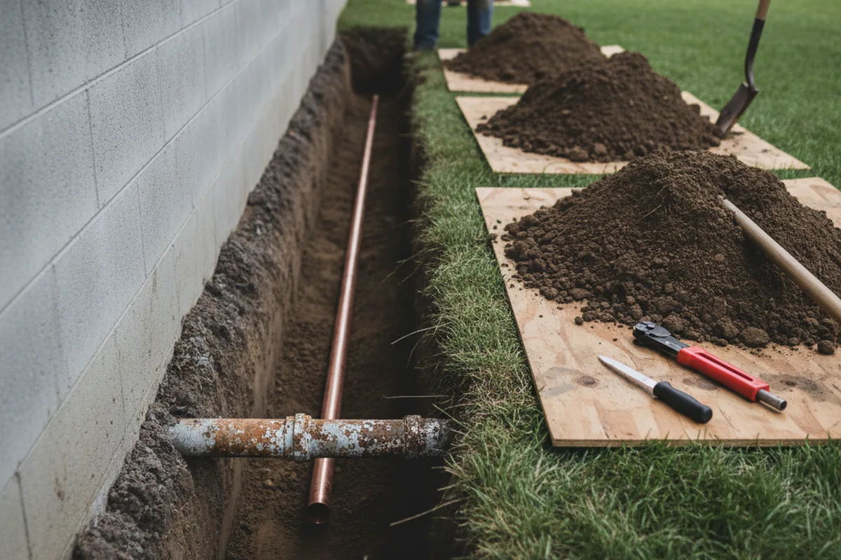 Excavated water line trench during Water Softener Installation in Nicholson